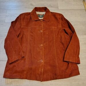 Orvis Womens XL Burnt Orange Suede Leather Jacket Button Front Coat Brown VTG 90